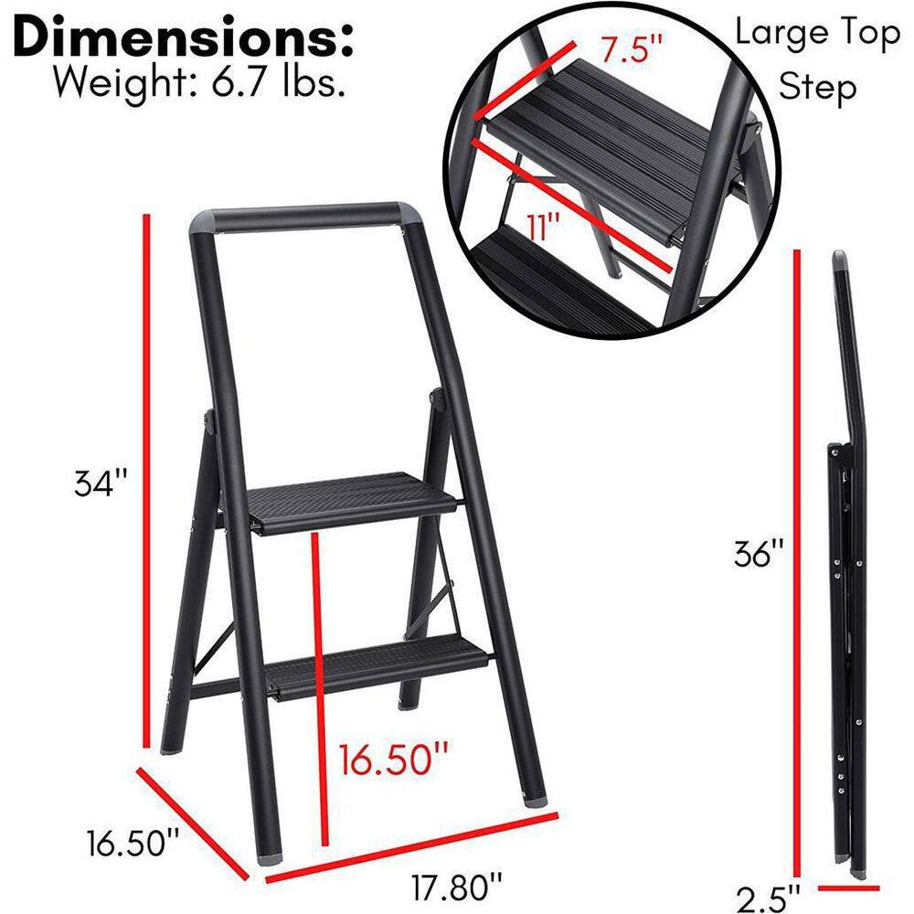 BirdRock Home 3 ft. 2-Step Black Slim Aluminum Step Ladder 8 ft. Reach 11694