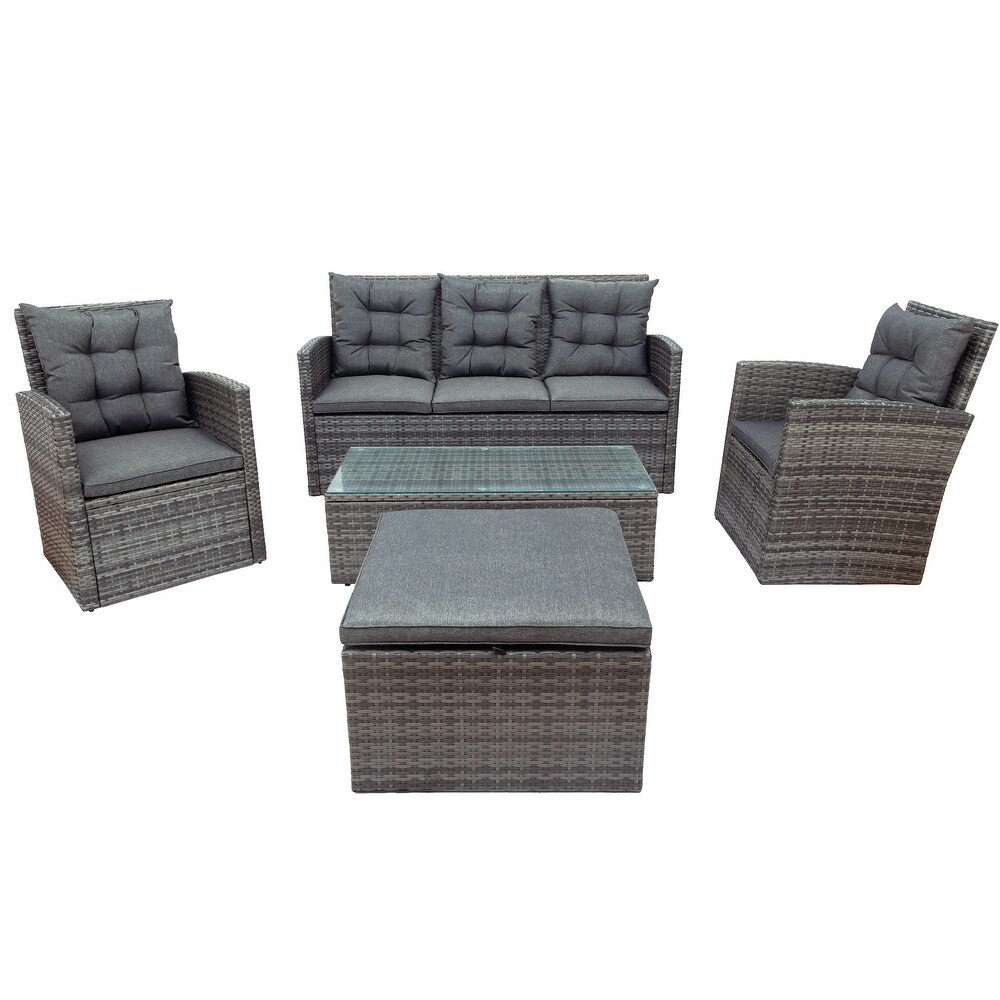 5 piece Outdoor UV Resistant  Weather PE Wicker Coversation Set with Glass Table