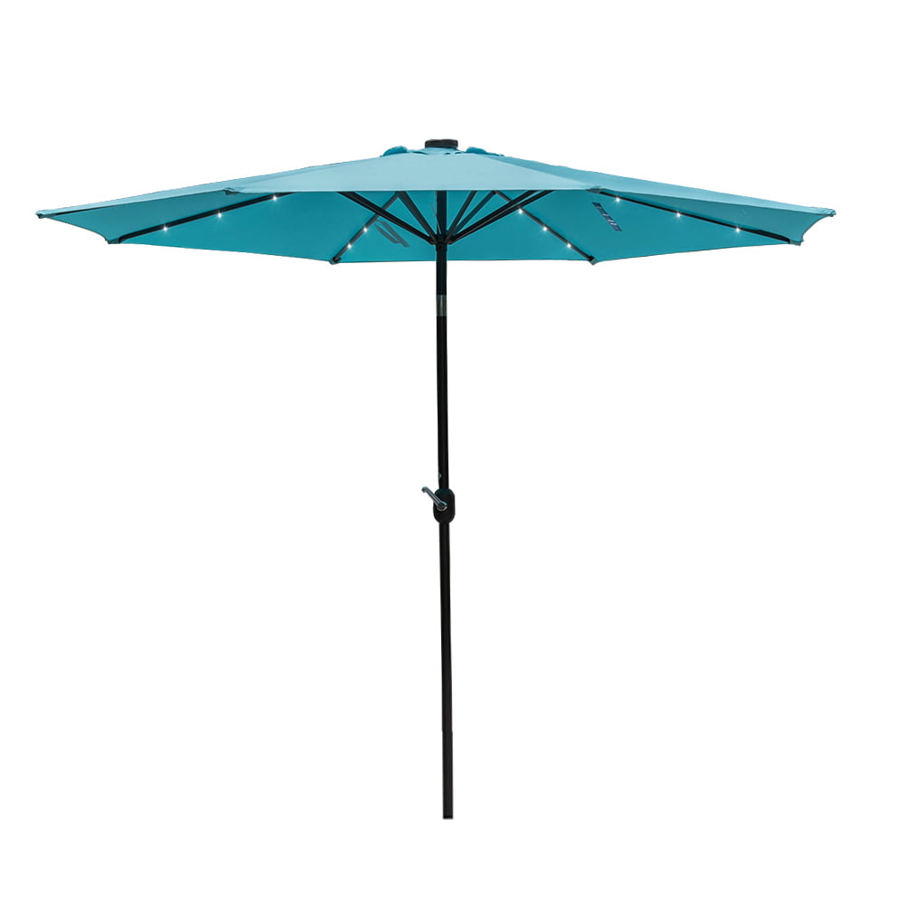 Sundale Outdoor 10 ft Solar Powered 24 LED Lighted Patio Umbrella Table Market Umbrella with Crank and Push Button Tilt for Garden, Deck, Backyard, Pool, 8 Steel Ribs (Blue)