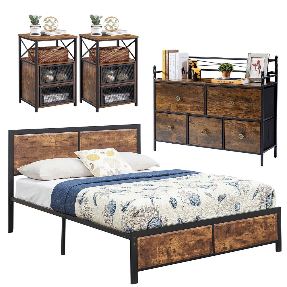 VECELO 4 Pieces Bedroom Set with Drawer and Nightstands Set of 2  Brown/Grey Set