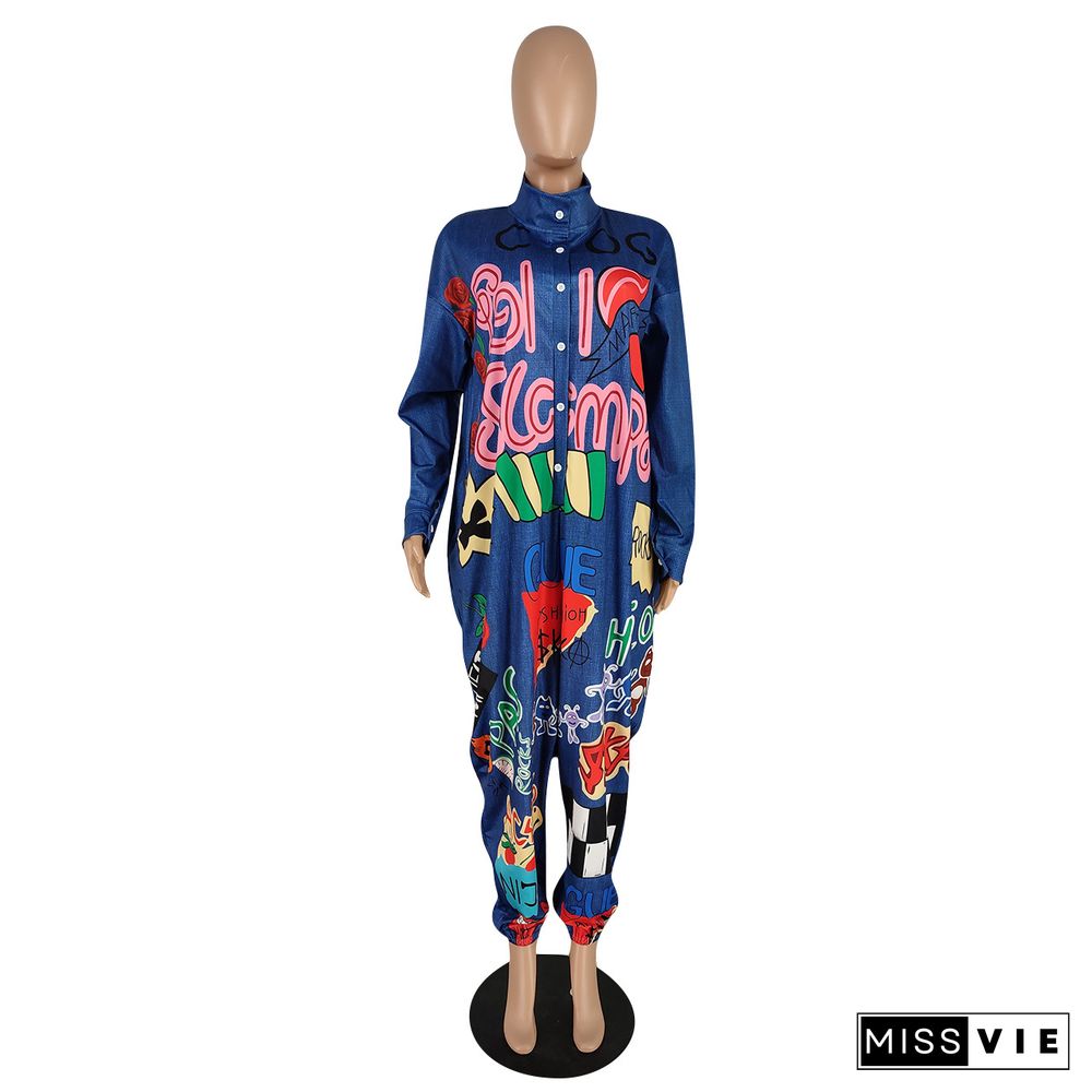 Coloured Pattern Print Long Sleeve Button Loose-fitting Jumpsuit