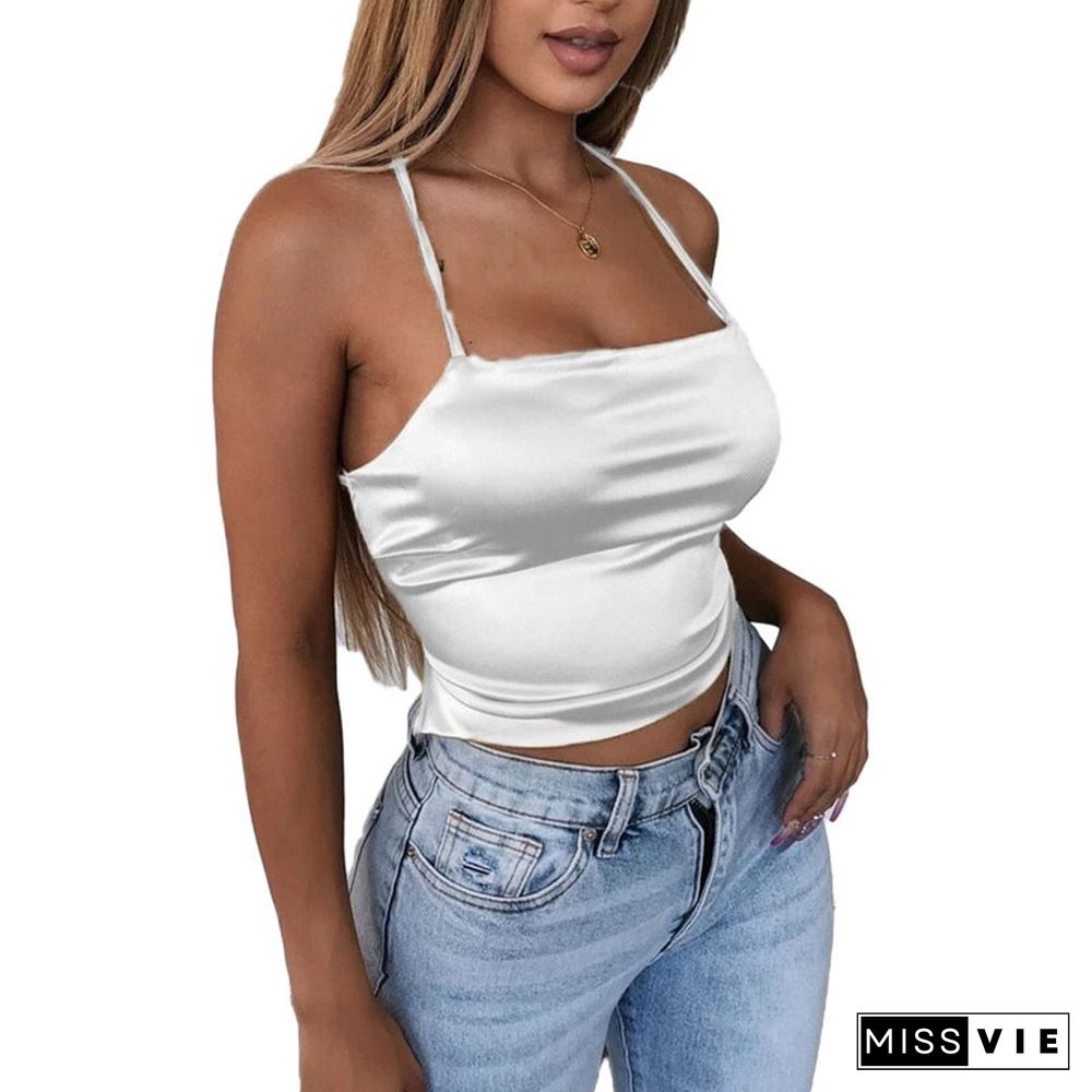 High Quality New Fashion Women Sexy Style Satin Silk Backless Back Bandage Vest Blouse Tops Strappy Summer Beach Cami Tank