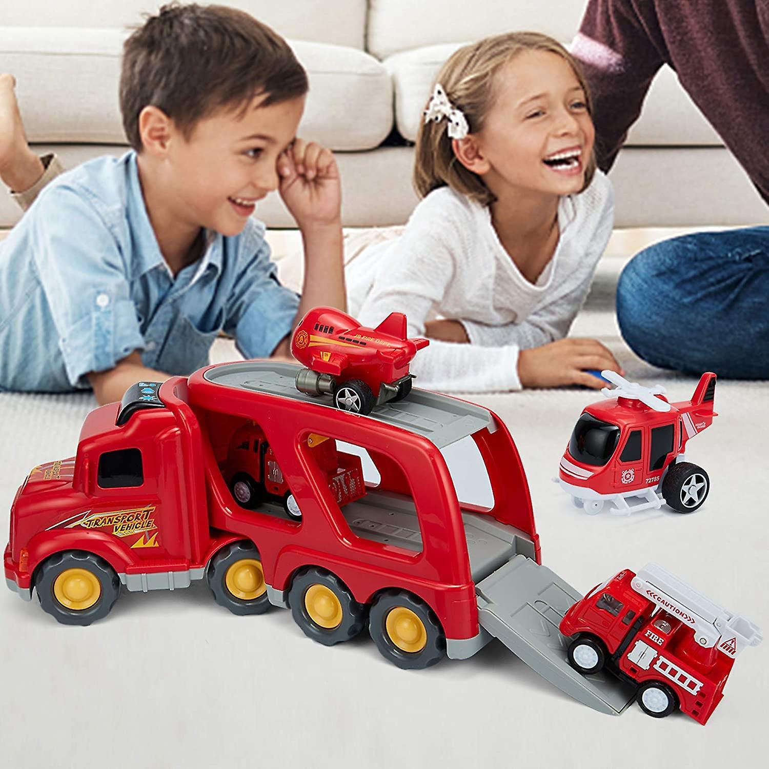 Fire Truck Car Toys Set With Sound and Lights， 1 Transport Cargo Truck， 2 Emergency Rescue Vehicles， 1 Helicopter， 1 Airplane， 5 In 1 Play Vehicle Toys