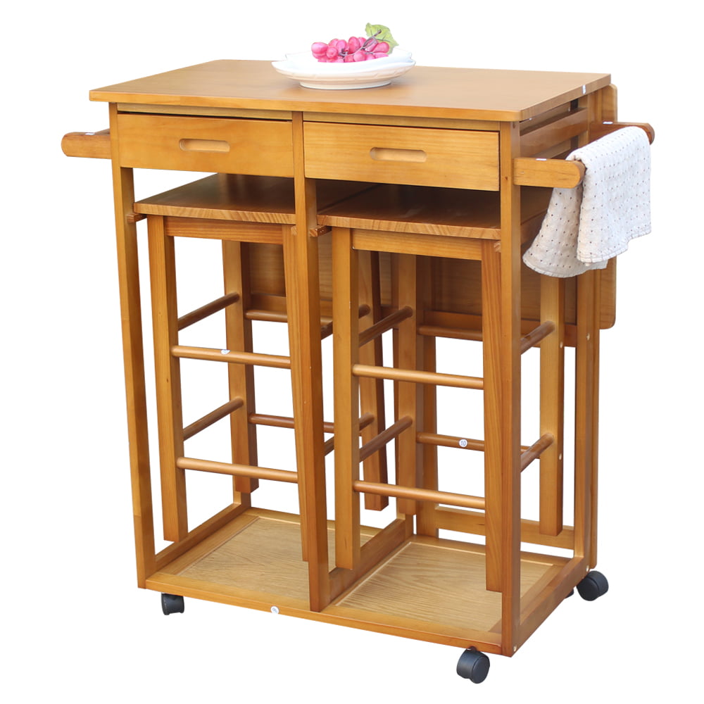 Zimtown Wood Kitchen Rolling Carts Kitchen Island Storage With 2 Stools Fold Dining Table 2 Drawers