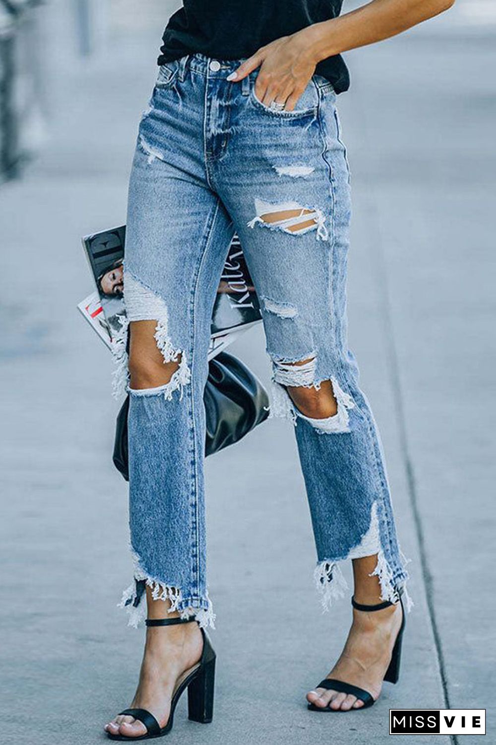 Sky Blue Ripped Knee Hole High Waist Jeans