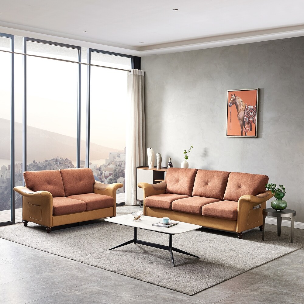 Flared Arms Sofa Set  2pc Faux Leather   Linen Sofa  Loveseat+3 Seat Couch with Storage Boxes and Side Pocket  Brown