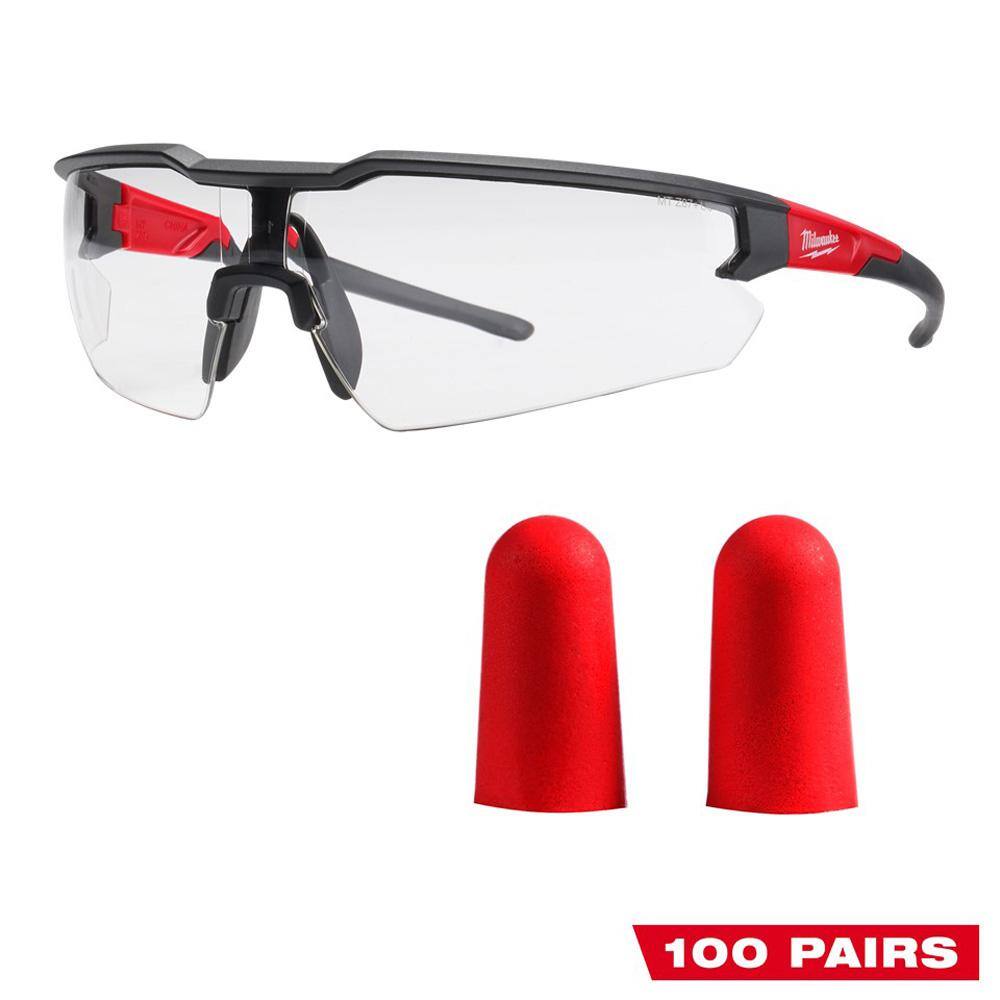 MW Clear Safety Glasses Anti-Scratch Lenses and Red Disposable Earplugs (100-Pack) with 32 dB Noise Reduction Rating 48-73-2010-48-73-3005