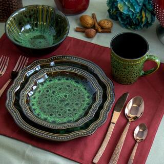 Elama 16-Piece Jade Waves Green Stoneware Dinnerware Set (Service for 4) 985114760M