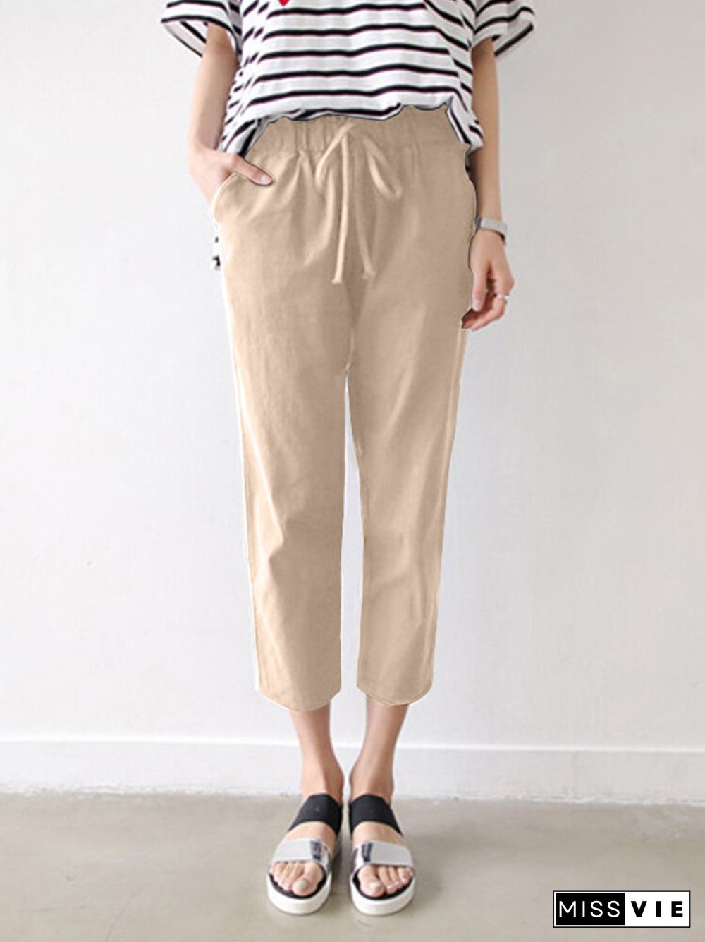 Leisure Solid Drawstring Pocket Cotton Pants