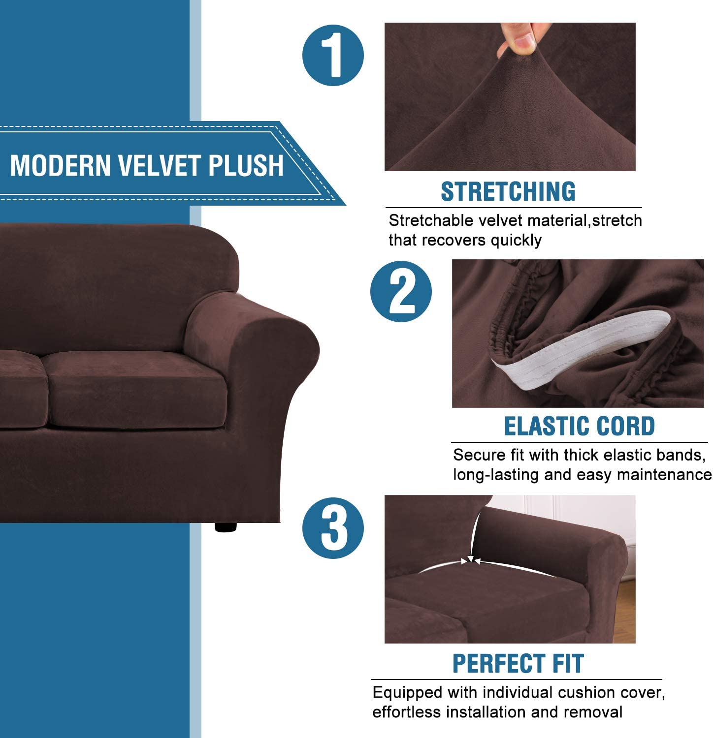 H.VERSAILTEX Stretch Velvet Armchair Sofa Slipcover, Individual 2 Piece, Brown