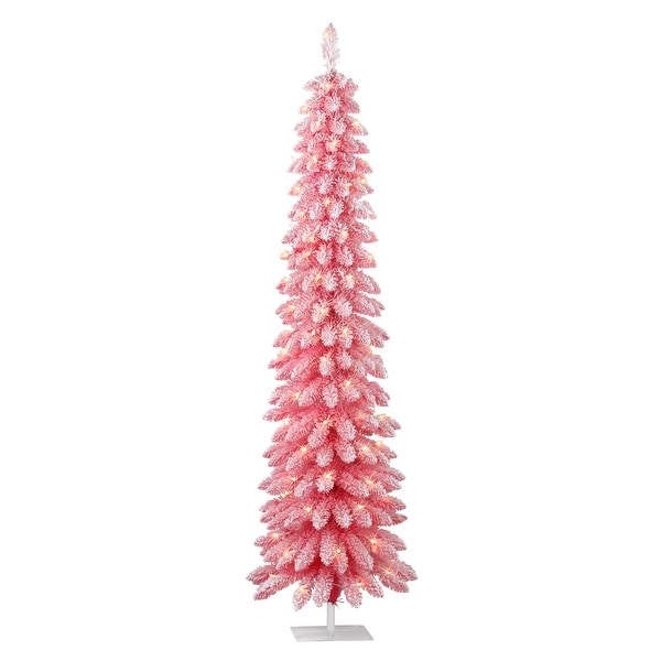 Puleo International 6 ft. PreLit Flocked Pink Artificial Alpine Pencil Tree