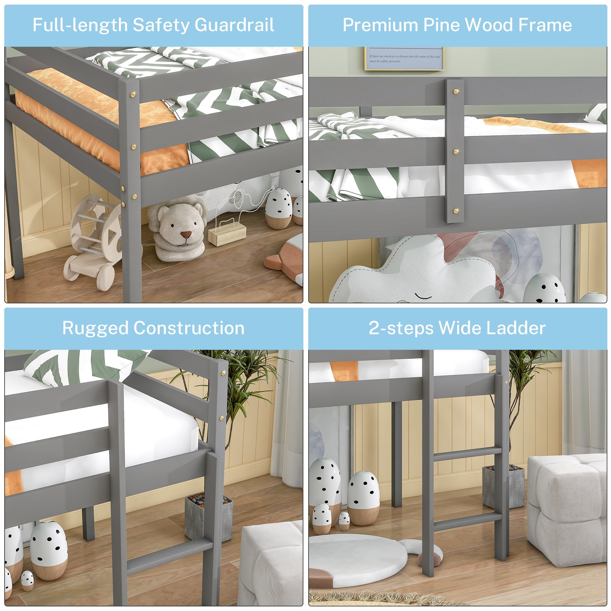 Twin Wood Loft Bed with Full-length Safety Rail and Ladder, Modern Twin Size Loft Bed Frame for Kids Teens Adult, Space Saving Bedroom Low Loft Bed, No Box Spring Needed, Gray, J2319