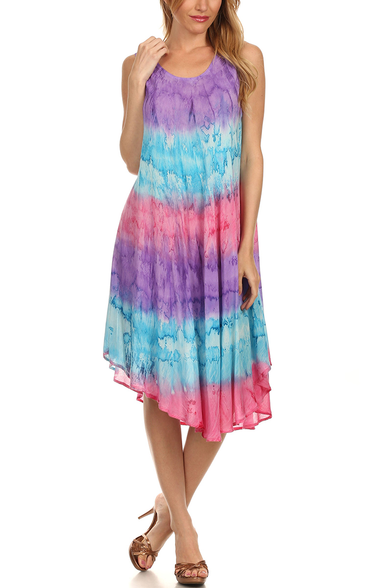 Plus Size Tie Dye Print Asymmetric Hem Sleeveless Midi Dress