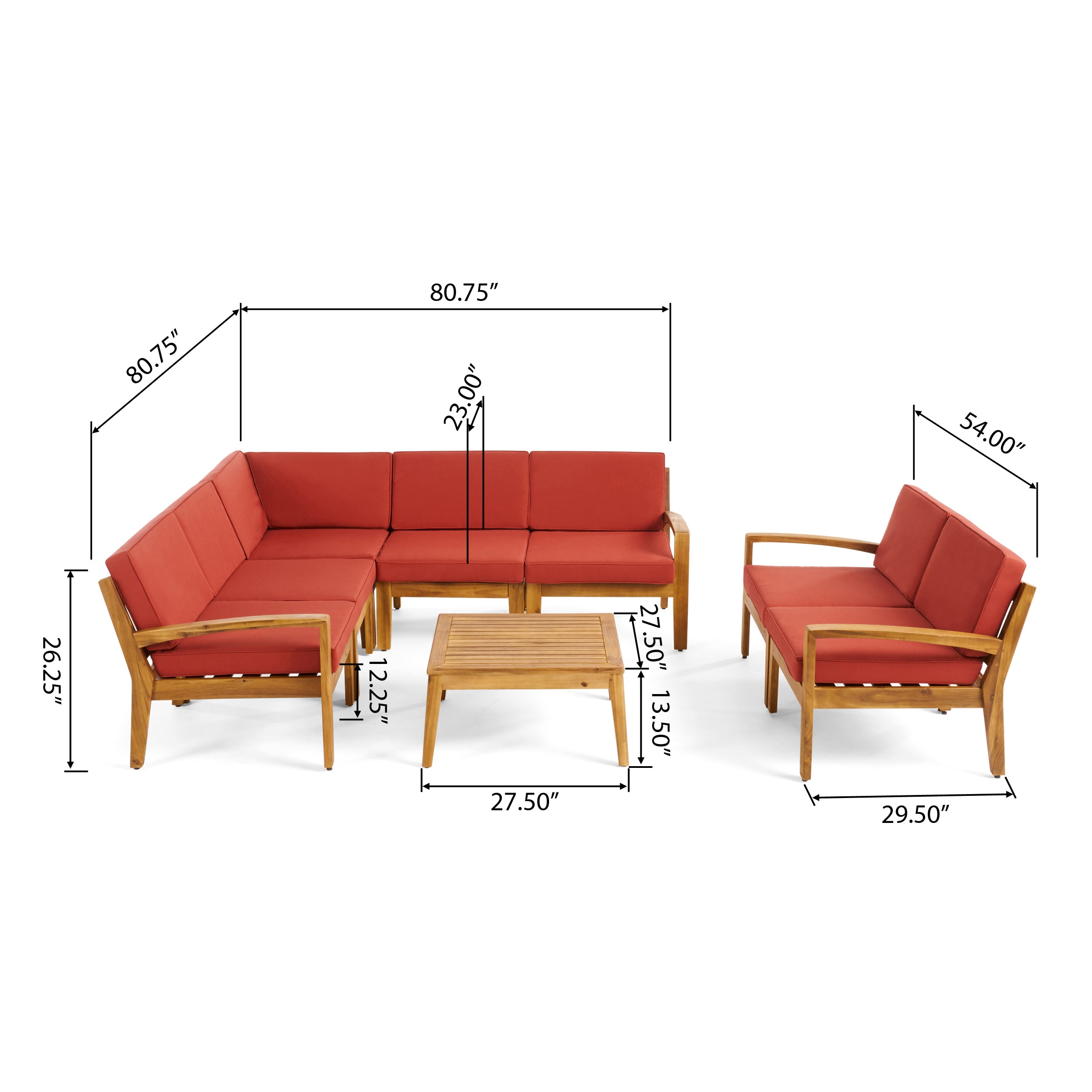 Giselle Outdoor Acacia Wood 7 Seater Sectional Sofa and Loveseat Set with Coffee Table