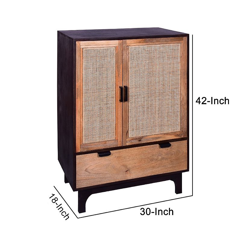 42 Inch Mango Wood Armoire Storage Cabinet， 2 Cane Rattan Woven Doors， 1 Drawer， Brown， Black