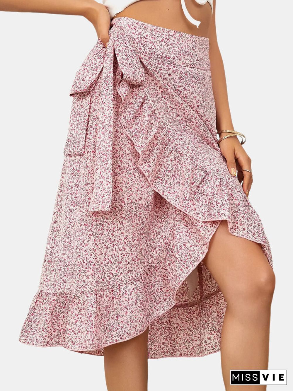 Floral Print Ruffle Tie Irregular Skirt For Women