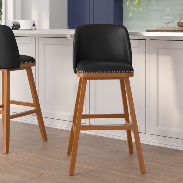 Julia Set of 2 Transitional 30 Inch LeatherSoft Upholstered Barstools with Silver Nailhead Trim and Walnut Finish Solid Wood Frames， Black