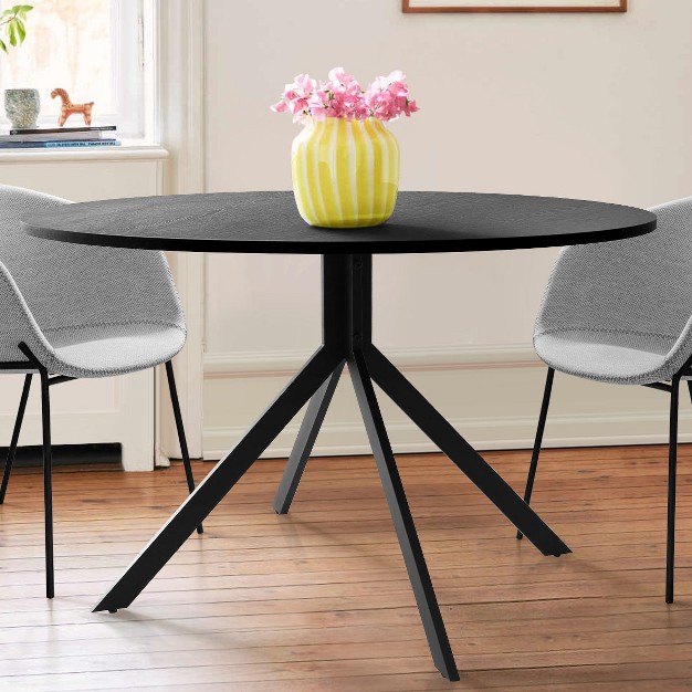 43 x27 x27 Jones Solid Black Grain Round Dining Table With 4 Upholstered Faux Leather Tiny Armchairs With Metal Legs the Pop Maison