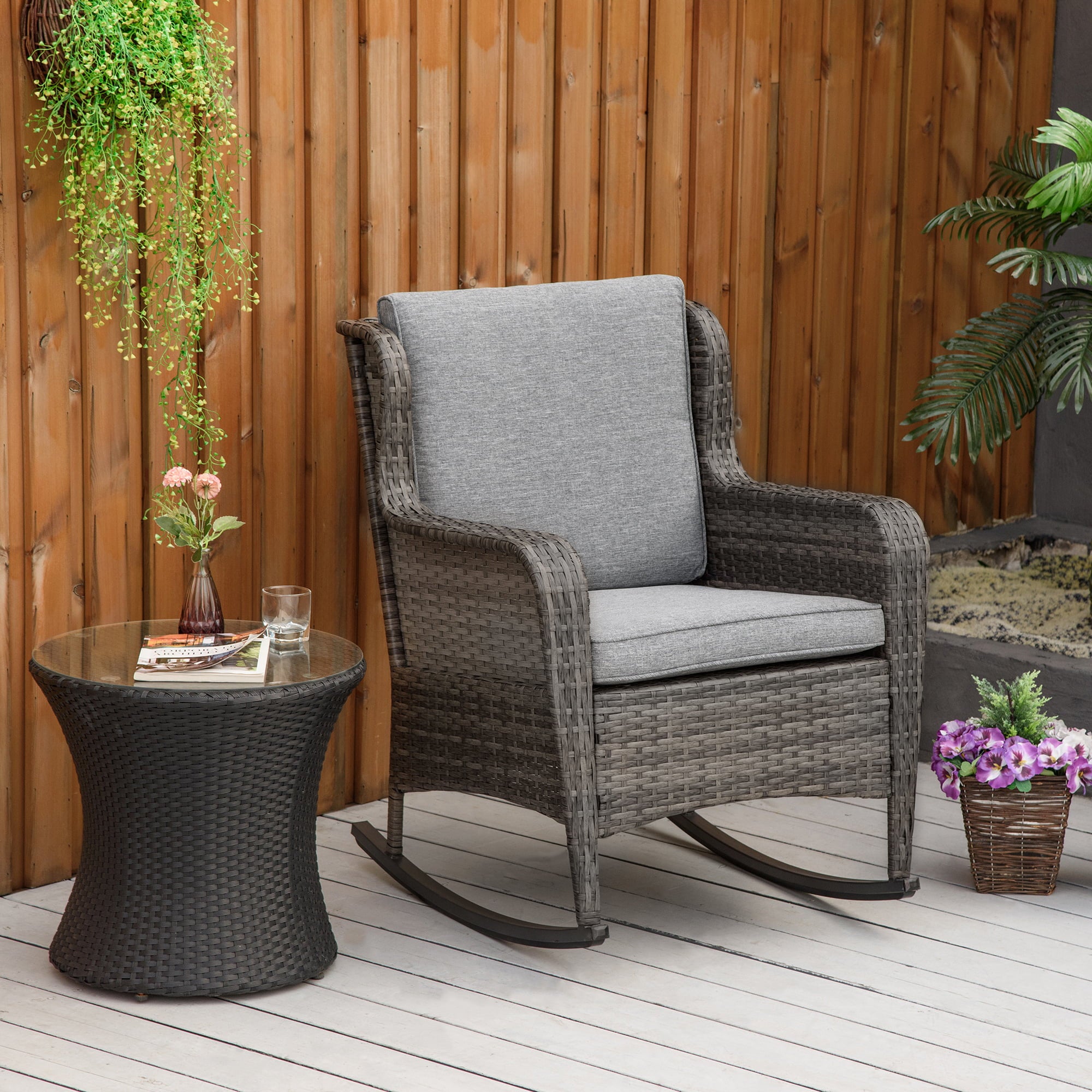 Outsunny Patio Wicker Rocking Chair, Outdoor PE Rattan Swing Chair W/ Soft Cushions, Classic Style for Garden, Patio, Lawn, Mixed Grey Matte Brown, Gray