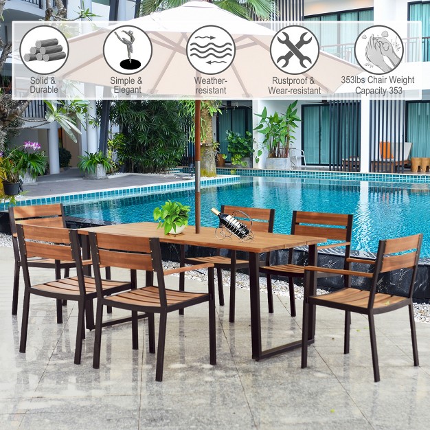 Costway 7pcs Patented Patio Dining Chair Table Set Acacia Wood Backyard W umbrella Hole