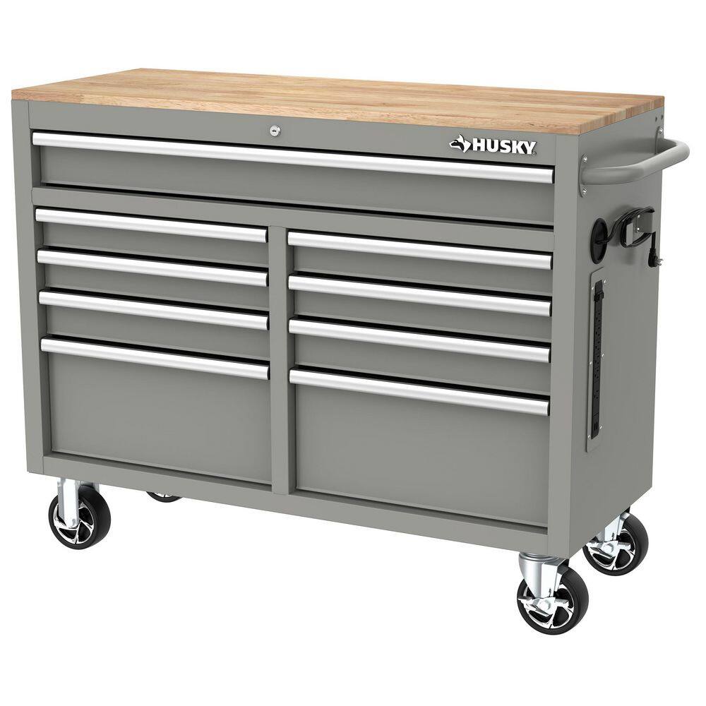 Husky 46 in. W x 18 in. D 9-Drawer Gloss Gray Mobile Workbench Cabinet with Solid Wood Top H46X18MWC9GRY