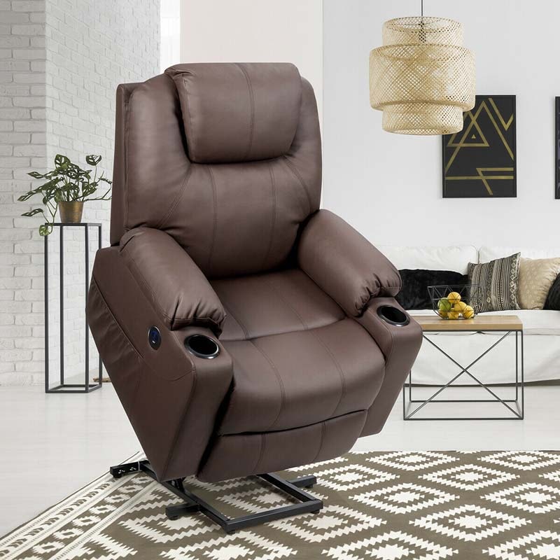 Electric Power Lift Recliner, Leather Massage Reclining Sofa, Elderly Lift Chair with Lumbar Heating & 8 Vibrating Nodes, Cup Holder, USB Port