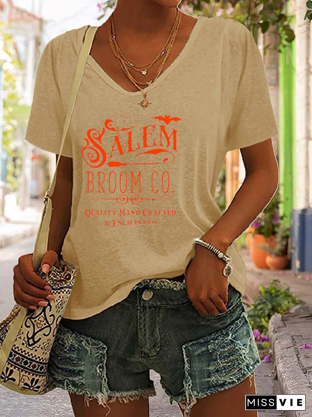 Women's Halloween Salem Broom Co Print Casual V-Neck Tee