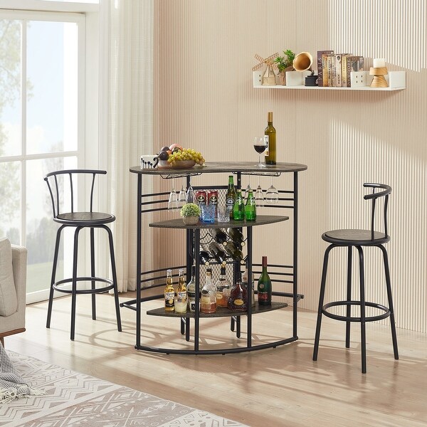 3-Piece Bar Unit with Metal Mesh Front and 2 Swivel Bar Stools with Back