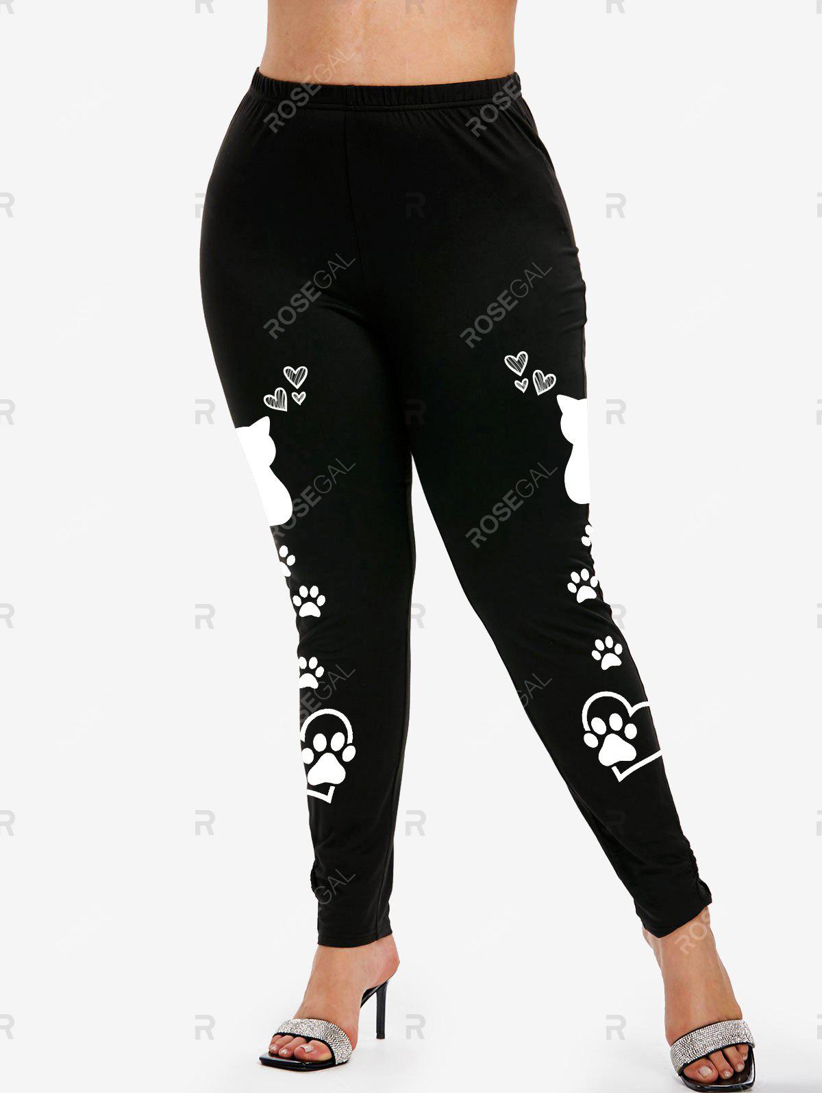 Gothic Cat Print Tee and High Waist Cat Paw Print Leggings Plus Size Summer Outfit