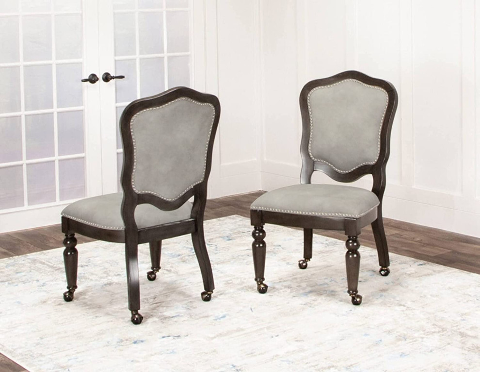 Transitional Armless Dining Chair  Padded Seat With Nailhead Trim  ampWheels  Gray   Traditional   Armchairs And Accent Chairs   by Declusia  Houzz