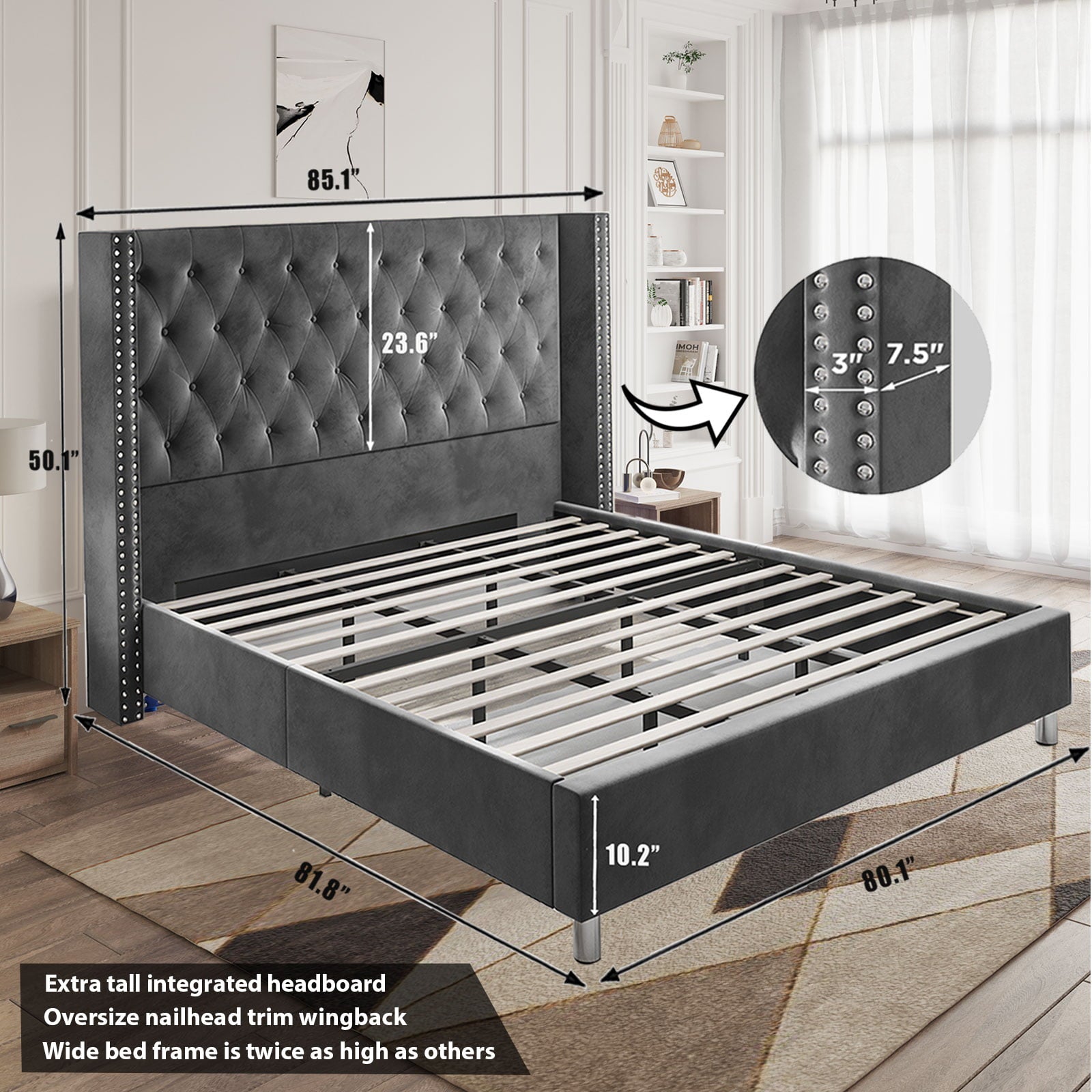 Jocisland King Bed Frame Low Profile Platform Bed Upholstered Bed Frame Velvet Tufted Bed Raised Wingback Headboard/Wood Slats Support/No Box Spring Needed/Easy Assembly/Dark Gray