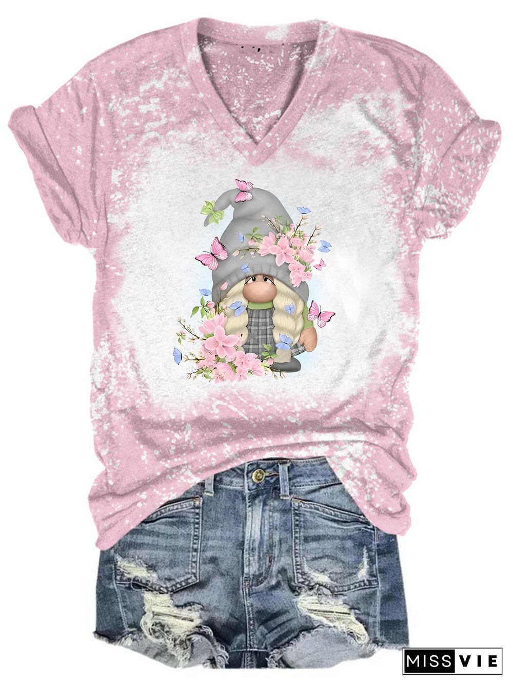 Floral Gnome Tie Dye V Neck T-shirt