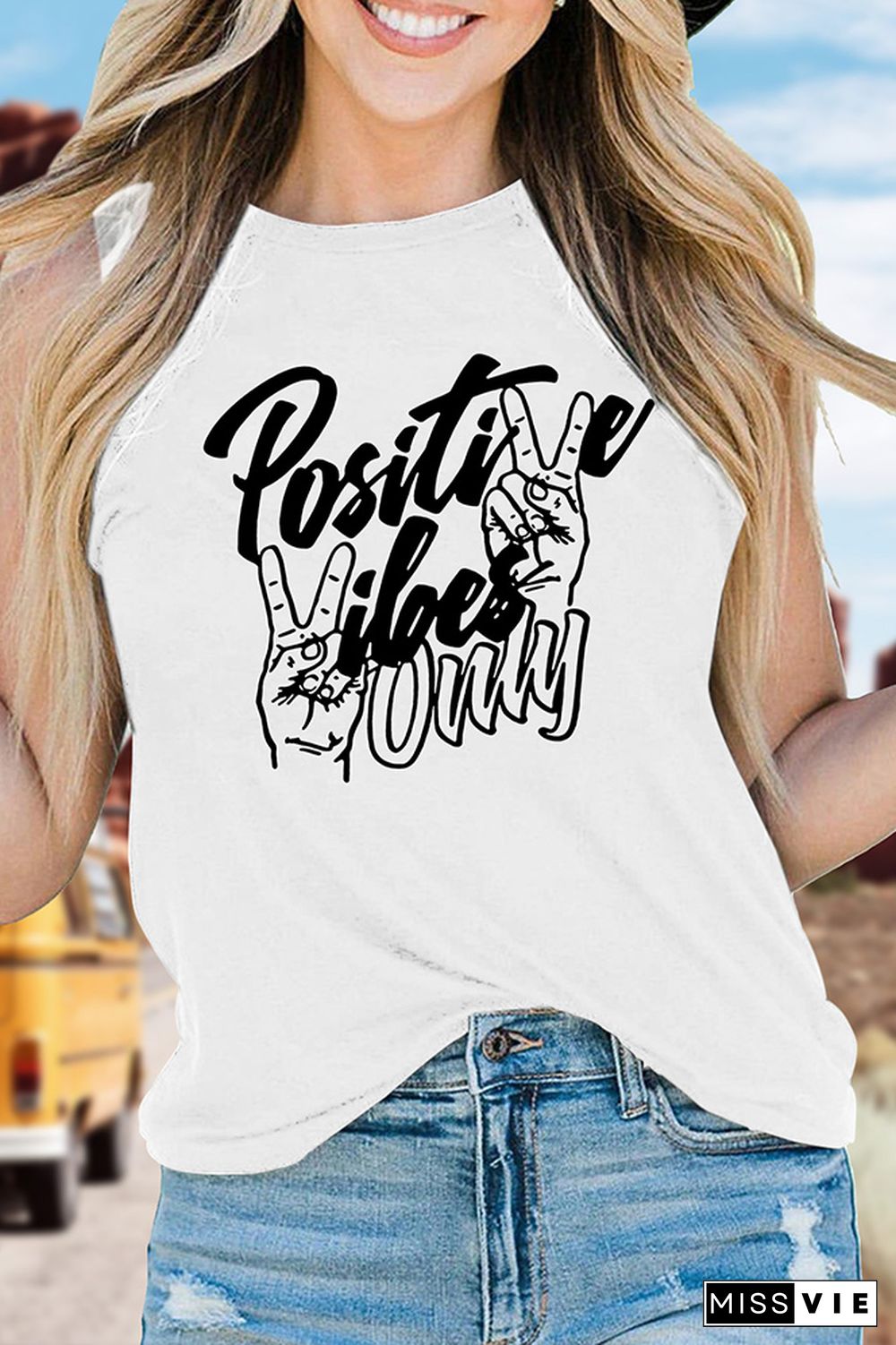 Positive Vibes Print Sleeveless Graphic Tank Top