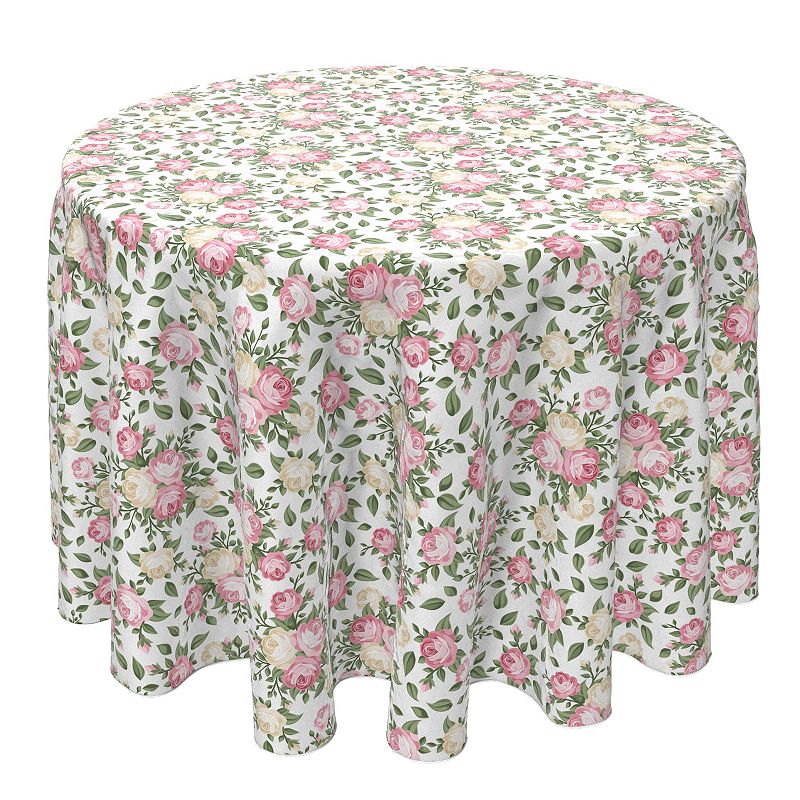 Round Tablecloth， 100% Cotton， 60 Round， White and Pink Rose Bunches