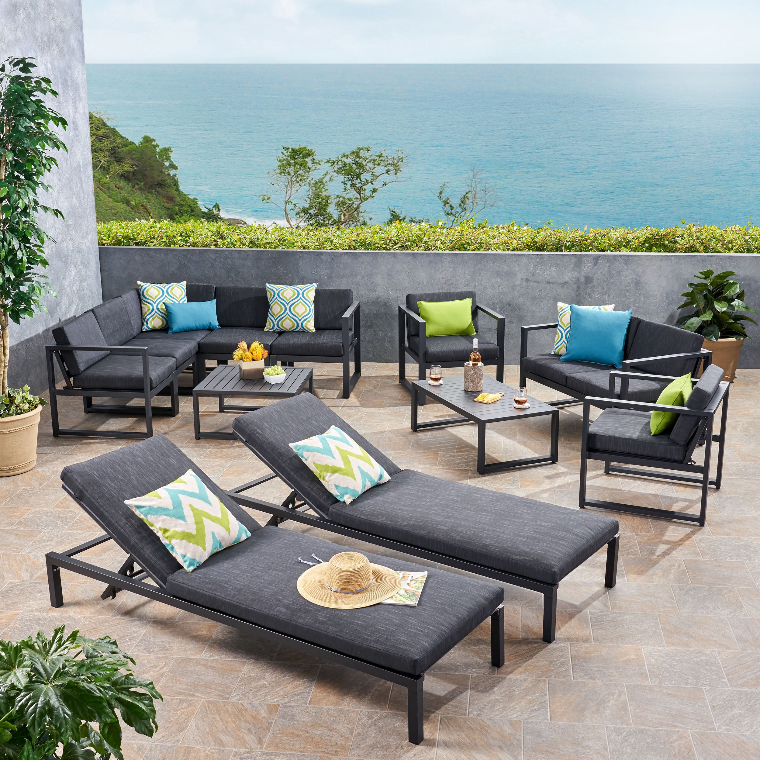 Nealie Outdoor 9 Seater Aluminum Sectional Sofa Set with Mesh Chaise Lounges