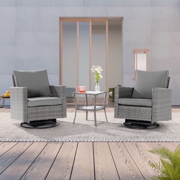 LIVOOSUN 3Piece Patio Sofa Set Gray Rattan Swivel Rocking Chair Glass Table