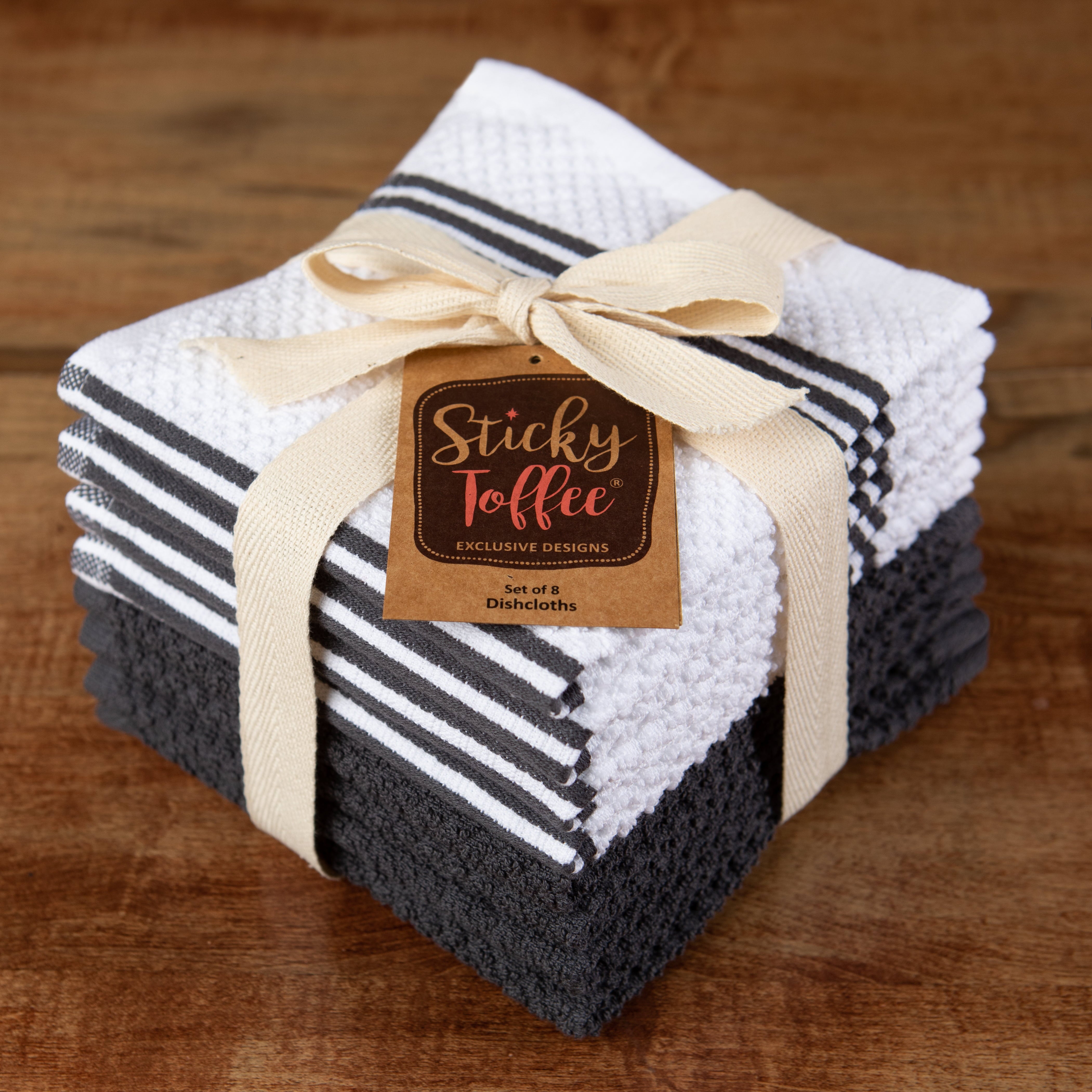 Sticky Toffee Cotton Terry Kitchen Dishcloth， Gray， 8 Piece， 12 in x 12 in