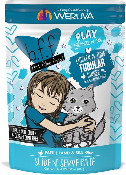 BFF Play Pate Lovers Chicken and Tuna Tubular Wet Cat Food， 3-oz pouch， pack of 12