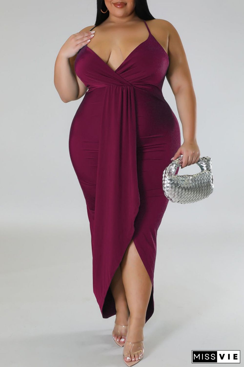 Red Sexy Solid Patchwork Backless V Neck Sling Dress Plus Size Dresses