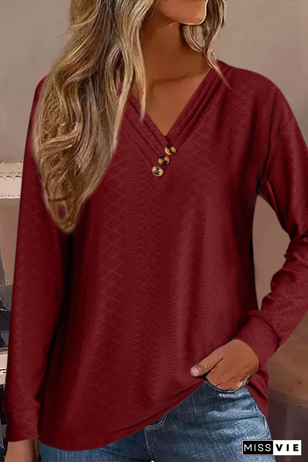 Jacquard Button Front V Neck Blouse