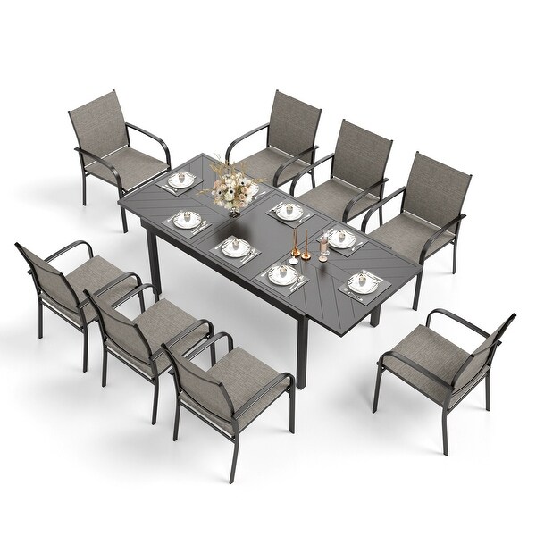 MAISON ARTS 9Piece Patio Dining Set with Expandable Rectangular Metal Table and 8 Textilene Dining Chairs