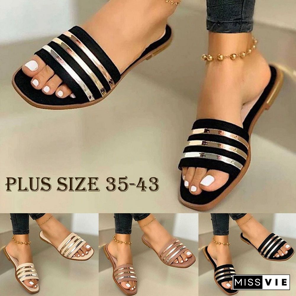 Ladies Slippers Summer Sandals Open Toe Square Toe Flop Flat Slippers Casual Sandal Fashion Beach Shoes Plus Size 35-43