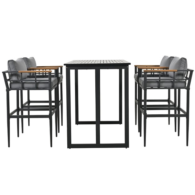 Steel Outdoor Dinner Set With Acacia Wood Handrails For Patio Balcony Or Backyard black Modernluxe