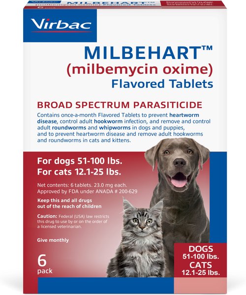 Milbehart Flavored Tablets for Dogs， 51-100 lbs， and Cats， 12-25 lbs， (Red Box)