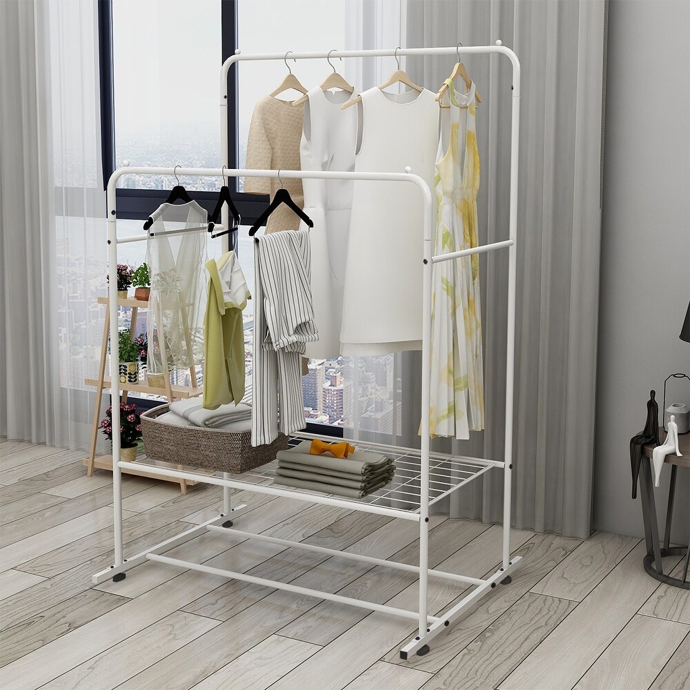 Garment Rack Freestanding Hanger with Double Rods Clothing Rack Shoe Storage Shelf Coat Hanger for Bedroom Entrance  White