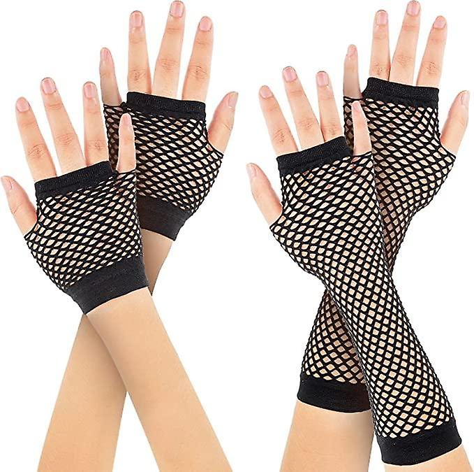 2 Pairs 80s Long and Short Black Fingerless Fishnet Gloves