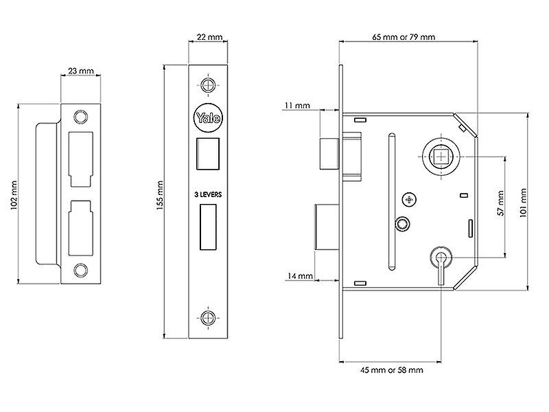 Yale Locks PM320 3 Lever Mortice Sashlock Polished Brass 65mm 2.5in YALPM320PB25