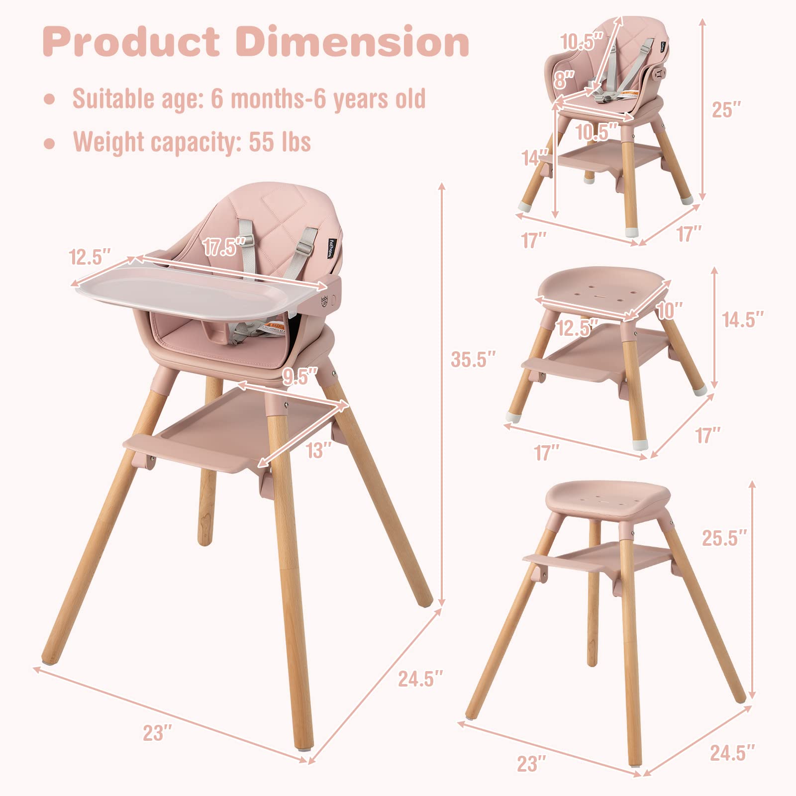 BABY JOY Baby High Chair, 6 in 1 Convertible Wooden High Chair for Babies & Toddlers with Adjustable Legs