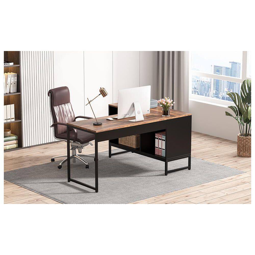 BYBLIGHT Lanita 60 in. L Shaped Desk Rustic Brown Black Engineered Wood Metal Frame Computer Desk with File Cabinet BB-XK00149-RM