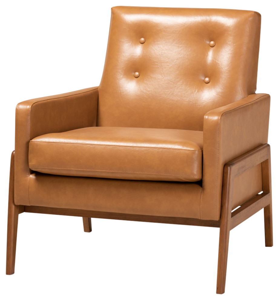 Yivi Mid Century Tan Faux Leather and Walnut Brown Wood Lounge Chair   Midcentury   Armchairs And Accent Chairs   by Baxton Studio  Houzz